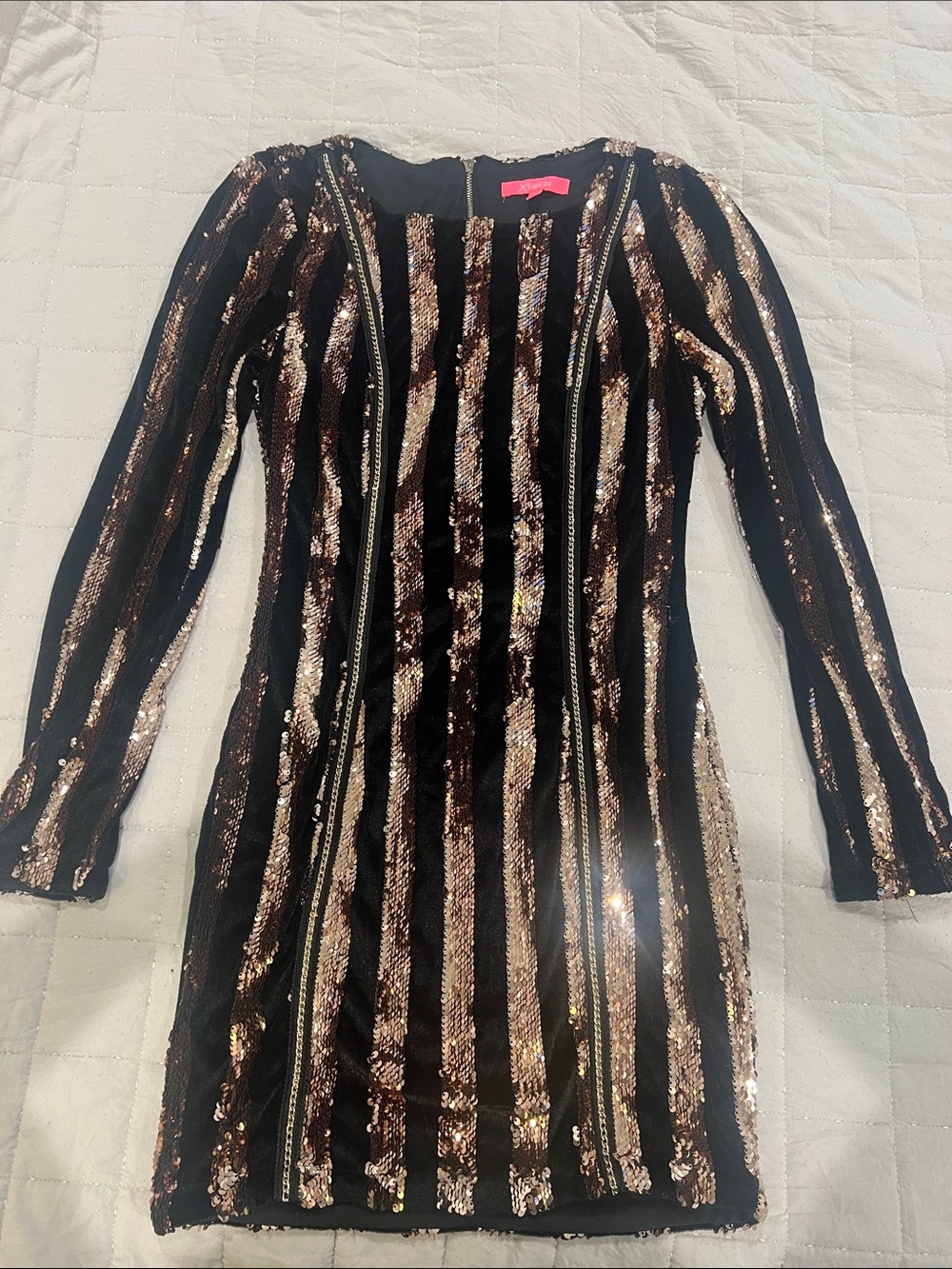 Xtaren Black Dress with Gold Sequin Stripes, Long Sleeve